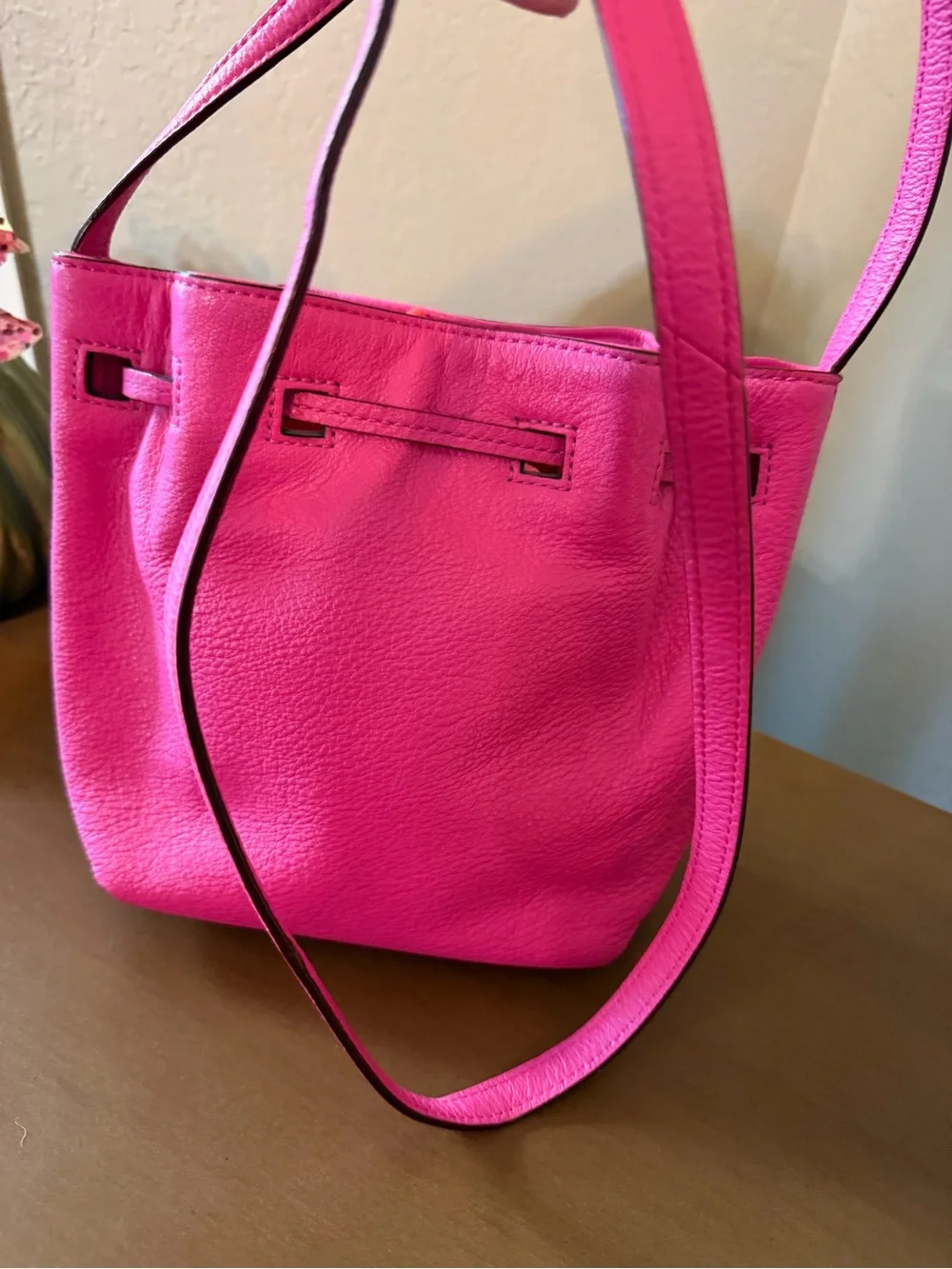 Kate Spade Hot Pink Leather Drawstring Crossbody Bucket Bag